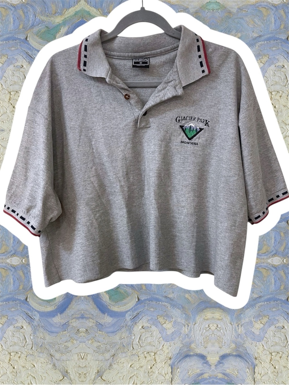 90s vintage Glacier Park Montana cropped gray boxy polo shirt XL grunge